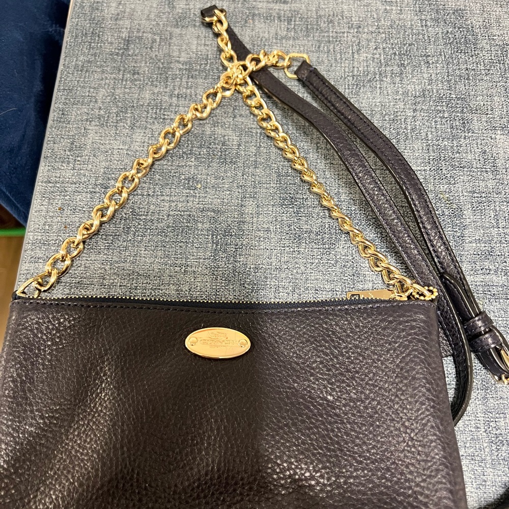 Coach Chic Black Leather Crossbody Bag with Gold Chain